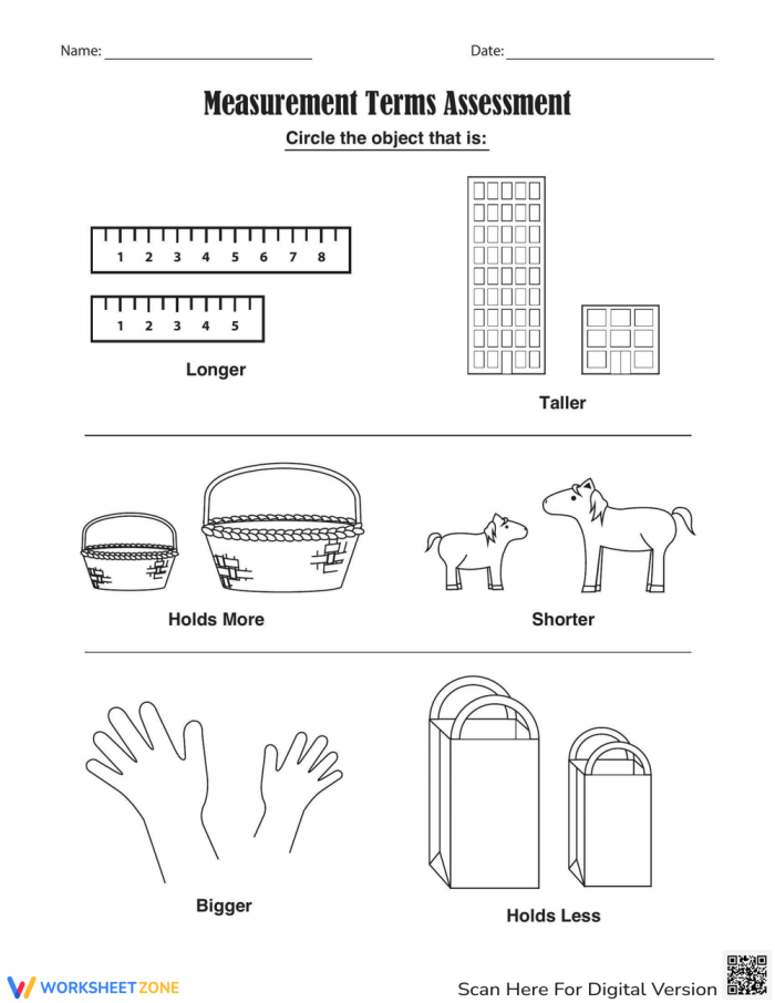 Engaging worksheet designed to enhance measurement comparison understanding in young learners Measurement Comparison Assessment worksheet for Pre-K students focusing on subtraction skills