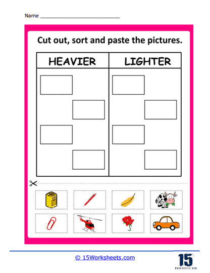 Visual representation of a worksheet designed to assess measurement comparisons in early learners Measurement Comparison Assessment worksheet for Pre-K students focusing on subtraction skills