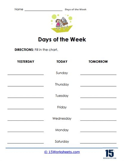 Preschool worksheet illustrating concepts of yesterday, today, and tomorrow with drawings