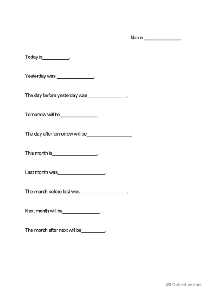 Preschool worksheet illustrating the concepts of yesterday, today, and tomorrow with simple drawings