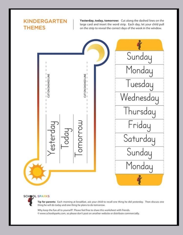 Preschool worksheet illustrating the concepts of yesterday, today, and tomorrow with drawings