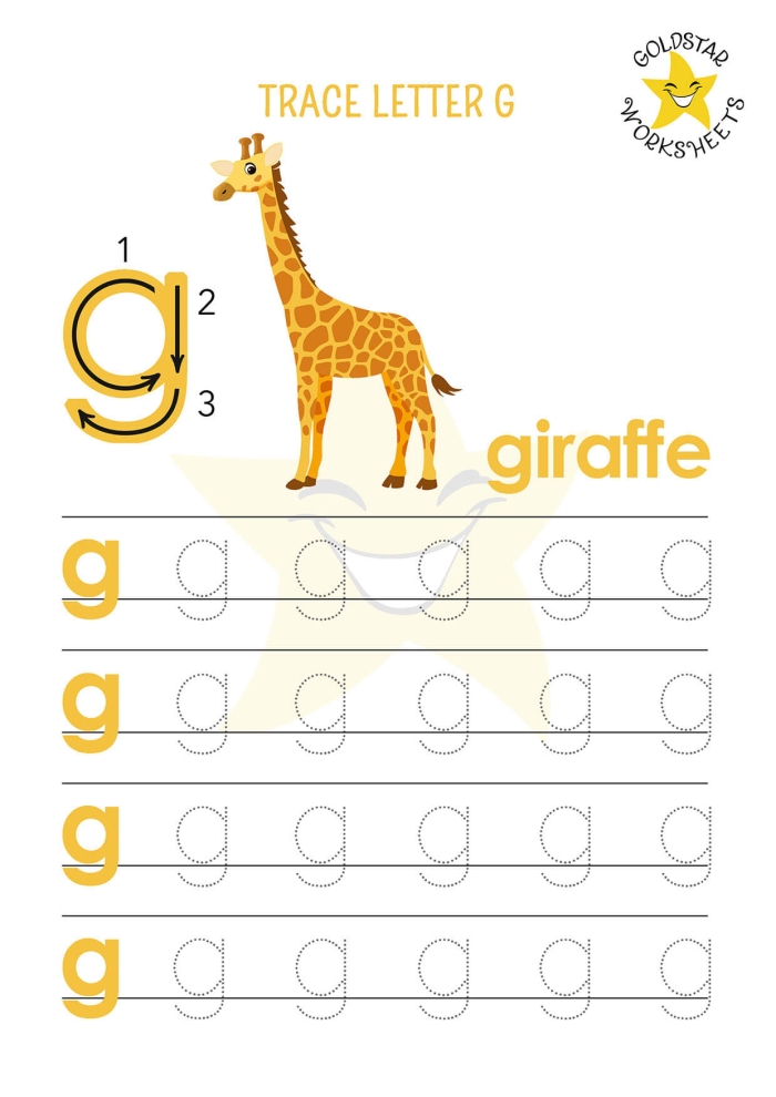 Practice page illustrating the writing motions for the letters g and q. Worksheet for tracing lowercase letters g and q, designed for Pre-K students.