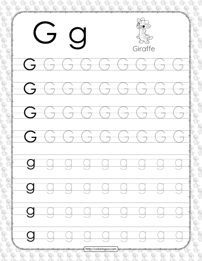 Practice page for writing the letters g and q in lowercase Worksheet for tracing lowercase letters g and q for Pre-K students