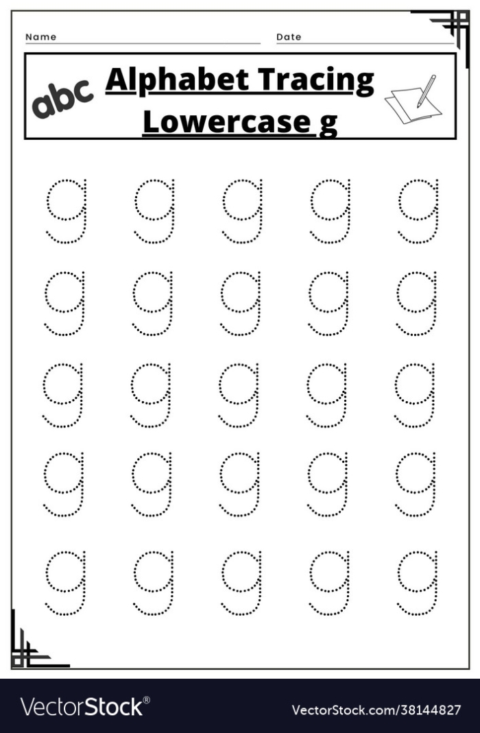 Tracing practice page for learning to write lowercase g and q letters Worksheet for tracing lowercase letters g and q designed for Pre-K students