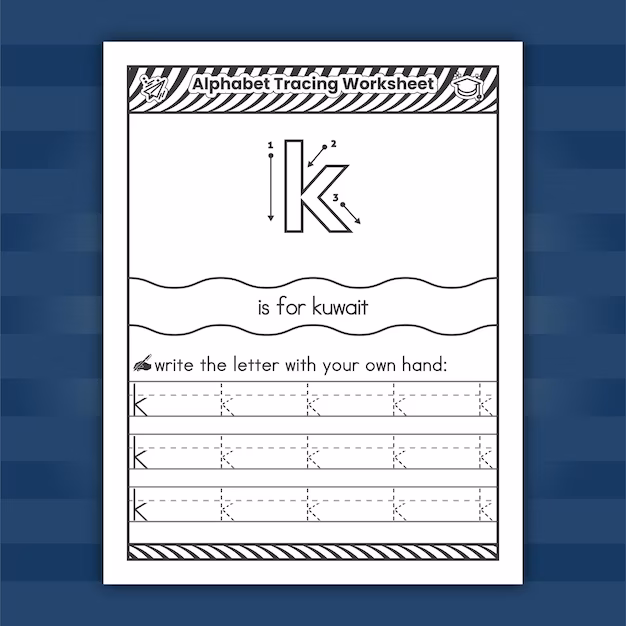 Practice tracing lowercase letters k, v, and w with this engaging worksheet Lowercase letters tracing worksheet for k, v, w in Pre-K writing practice
