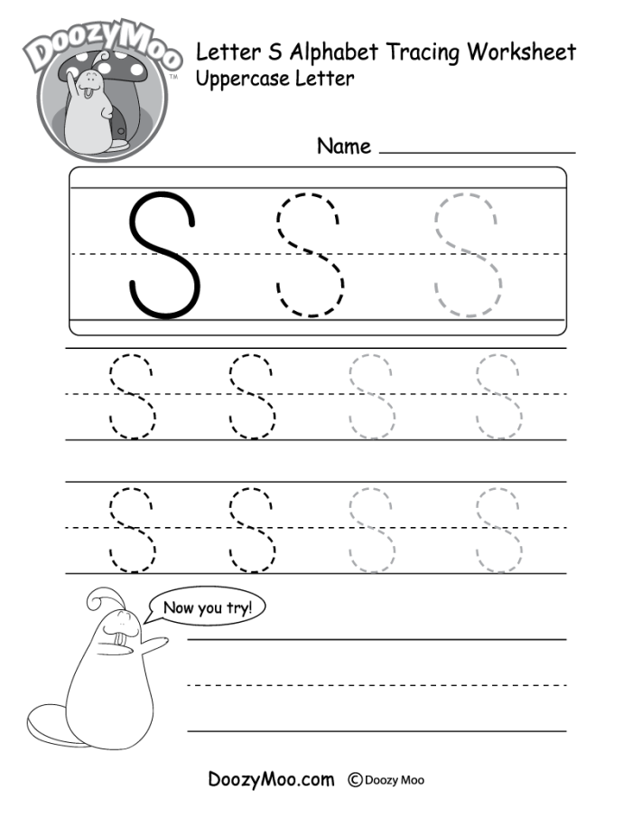 Worksheet for finding uppercase S letters with a sloth character for Pre-K students