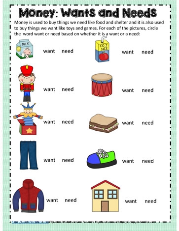 Educational resource for teaching wants versus needs in early childhood learning Worksheet illustrating the concepts of wants and needs for preschool children