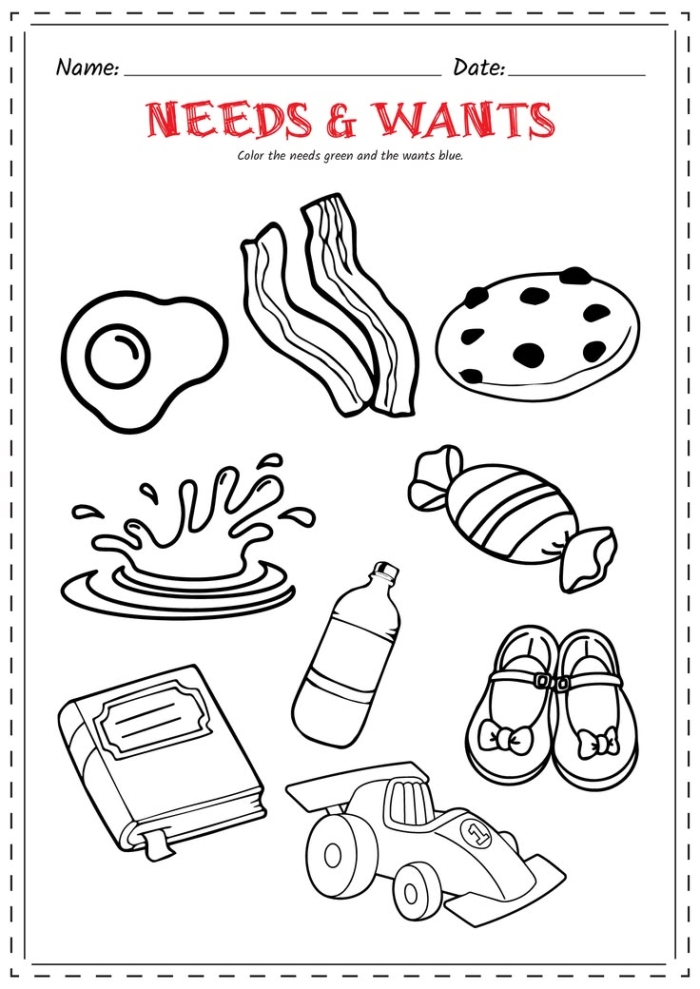 Worksheet for teaching preschool children the distinction between wants and needs Wants and Needs worksheet designed for preschoolers to differentiate between wants and needs
