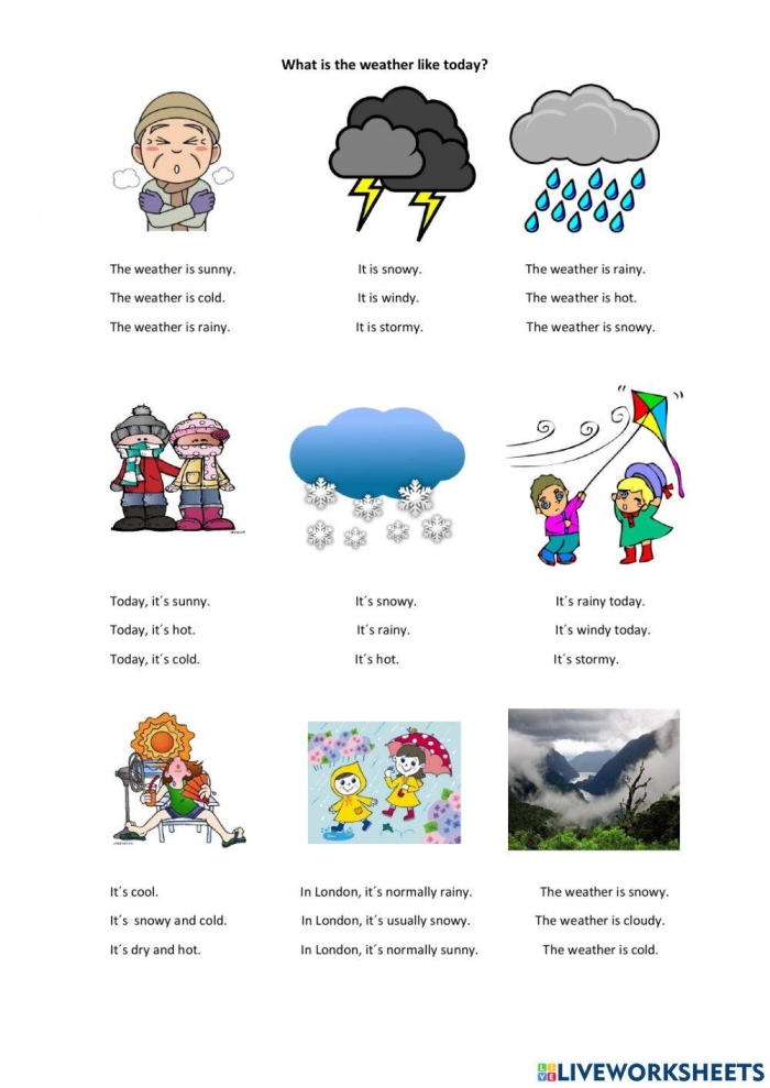 Engaging image of a weather comparisons activity for young meteorologists in grade Pre-K Weather comparisons worksheet for Pre-K students to enhance their handwriting skills