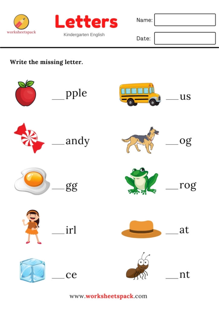 Make a Word: Write the Missing Letter worksheet for early literacy skills in Time and Money category Colorful worksheet for Pre-K students to practice word building by writing missing letters