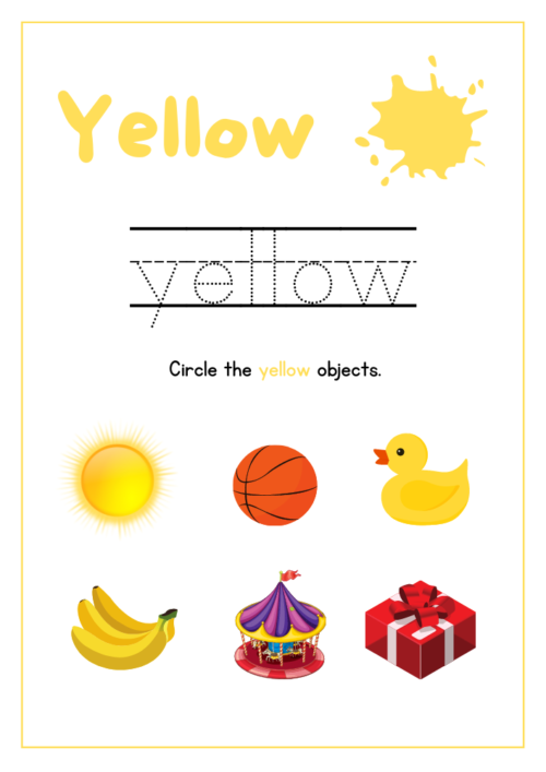 Kids engage in writing, tracing, and coloring activities on this yellow-themed worksheet A preschool worksheet featuring activities related to the color yellow for young learners