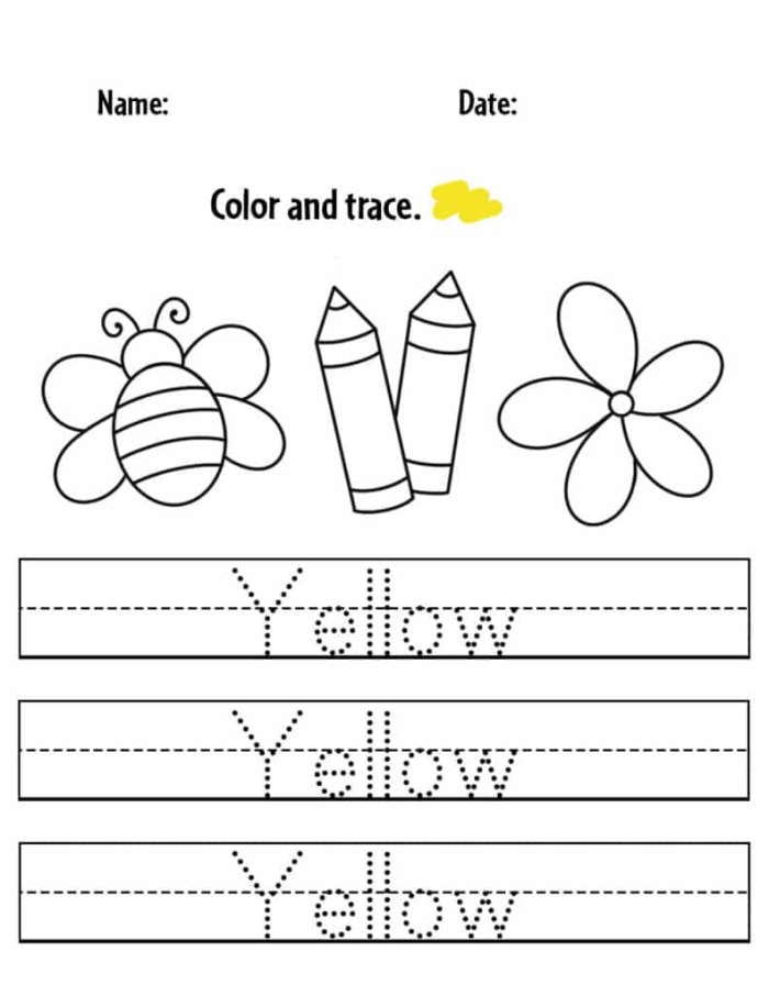 The Color Yellow worksheet for preschool and kindergarten activities Worksheet featuring kids practicing writing, tracing, and coloring with the color yellow