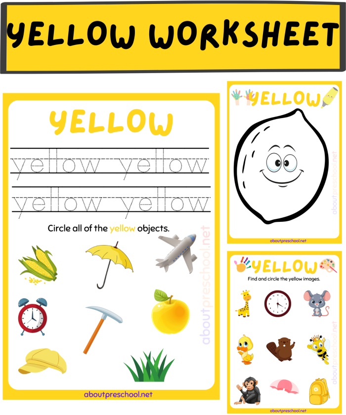 Writing worksheet for Pre-K Colorful worksheet for preschoolers focusing on the color yellow, name writing, and word tracing. Engaging educational activity for Pre-K students to enhance their skills.