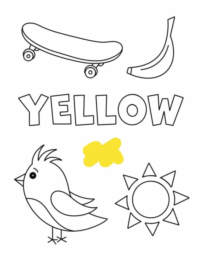 Writing worksheet for Pre-K Colorful worksheet for preschoolers focusing on the color yellow, featuring name writing, word tracing, and cutting activities. Engaging "The Color Yellow" worksheet for Pre-K students to enhance their writing and coloring skills.