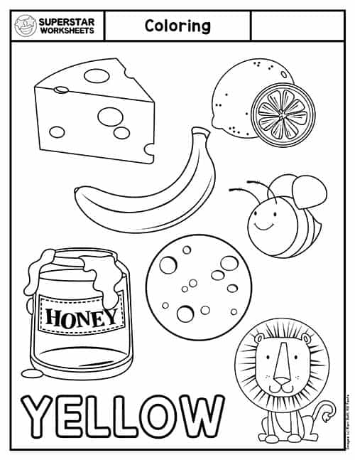 Writing worksheet for Pre-K Kids engaging with the Color Yellow worksheet, tracing letters and coloring activities. Educational worksheet for Pre-K students focusing on the color yellow.