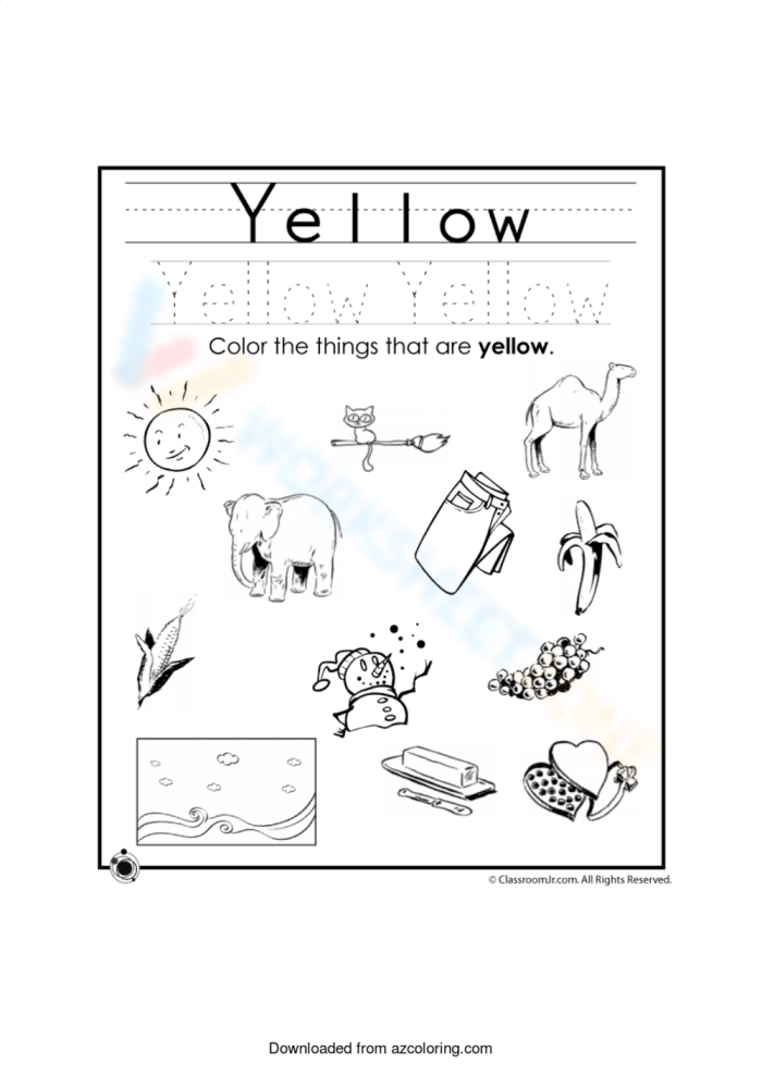 Writing worksheet for Pre-K Children engaging with The Color Yellow worksheet, focusing on name writing and coloring. Educational activity sheet for preschoolers emphasizing the color yellow and fine motor skills.