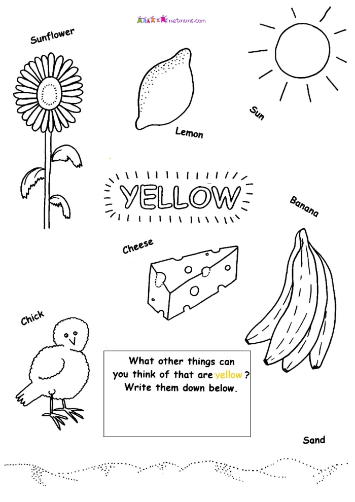 Writing worksheet for Pre-K Pre-K students engaging with a worksheet focused on the color yellow, practicing writing and cutting skills. Worksheet highlighting activities for young learners to trace words, color, and write their names.