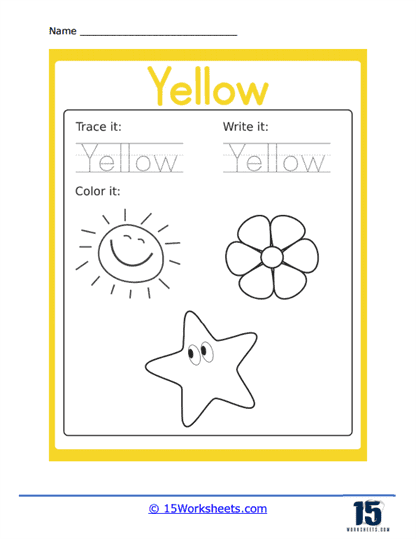 Writing worksheet for Pre-K Colorful worksheet for preschoolers focusing on the color yellow, name writing, and tracing words. Engaging activities for Pre-K children to enhance their writing skills and creativity.