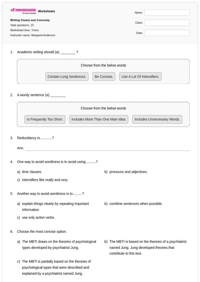 Express Ideas Precisely and Concisely worksheet for seventh graders with sentence revision exercises Seventh grade worksheet focused on expressing ideas precisely and concisely by editing sentences