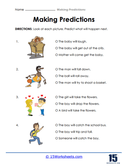 Third grade students completing a Making Predictions with Text Evidence worksheet using sentence frames and text clues