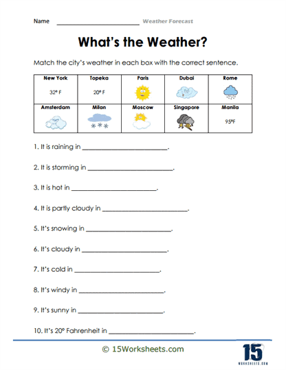 First Grade student completing a Predicting Weather worksheet to learn weather terms and observation