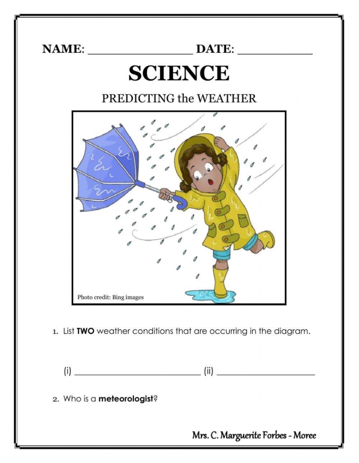 First Grade student completing a Predicting Weather worksheet focused on phonics and observation skills