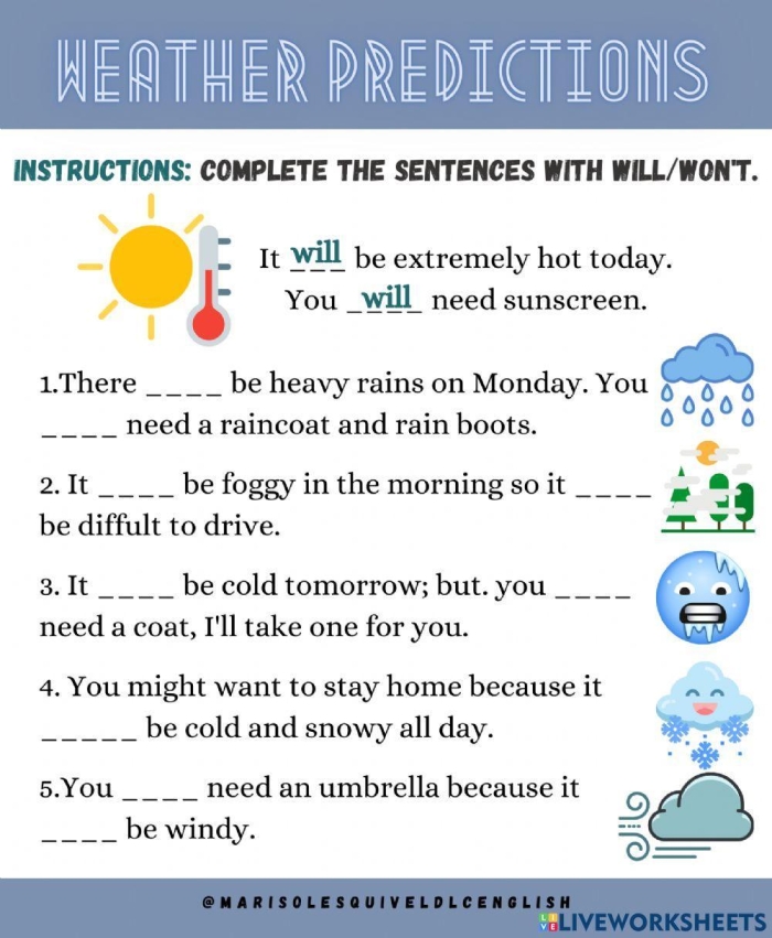 First Grade student completing a Predicting Weather worksheet to learn weather vocabulary