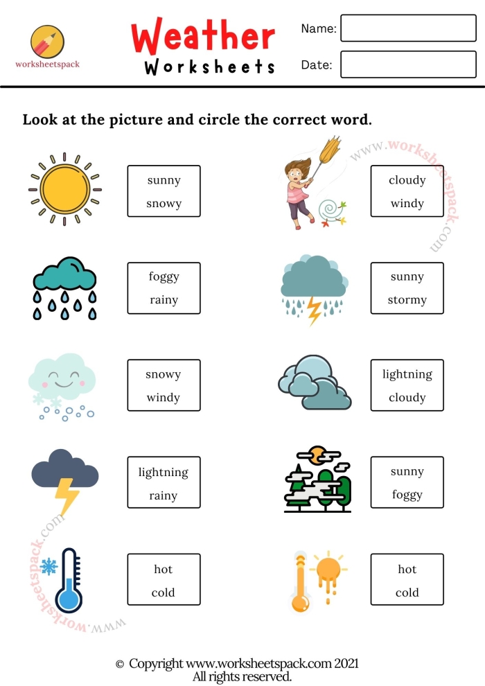 First Grade student using a Predicting Weather worksheet to learn weather vocabulary and make forecasts