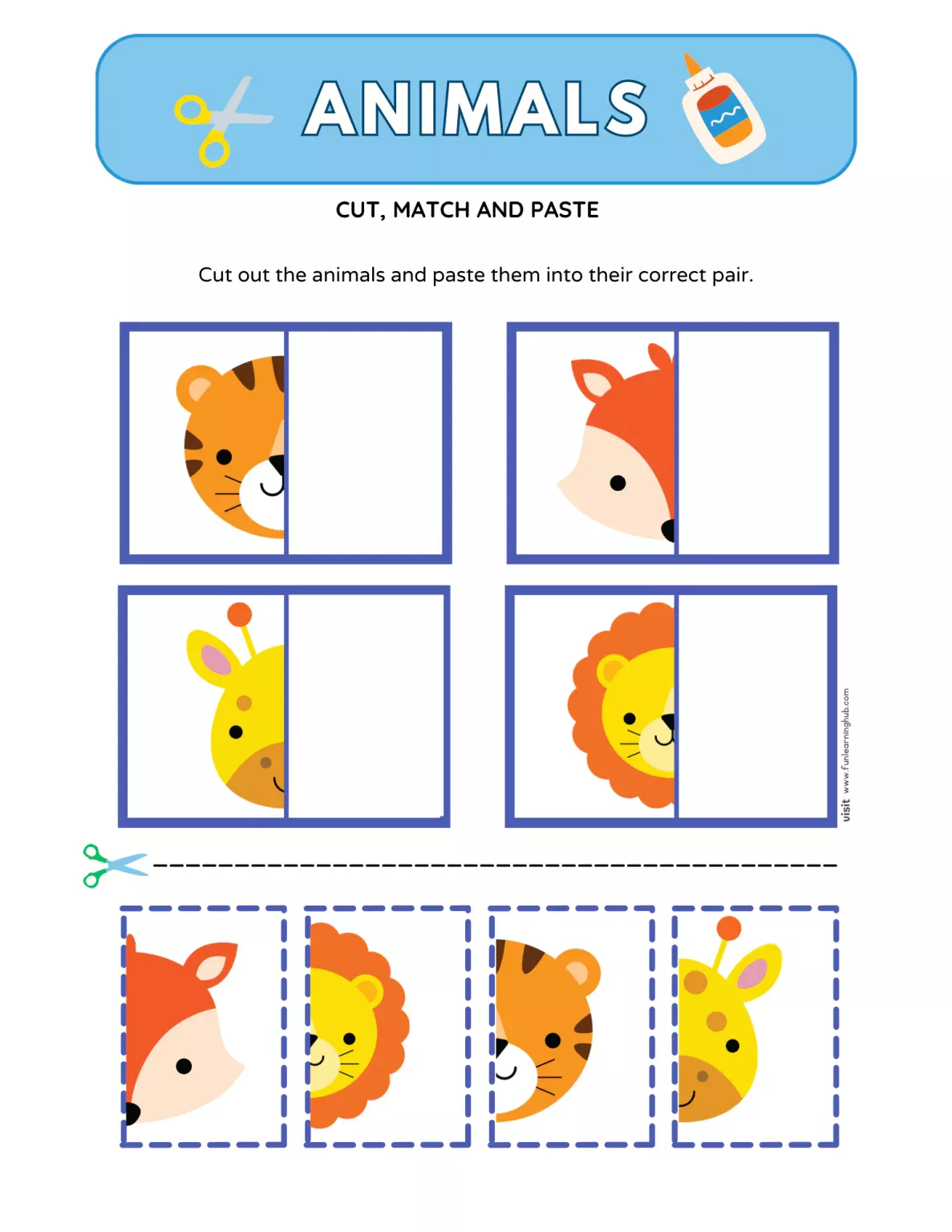 Interactive vocabulary activity for little zookeepers to match animals to their habitats, sheet 19 Pre-K animal cut and paste worksheet with kids sorting animals by flying, swimming, or crawling
