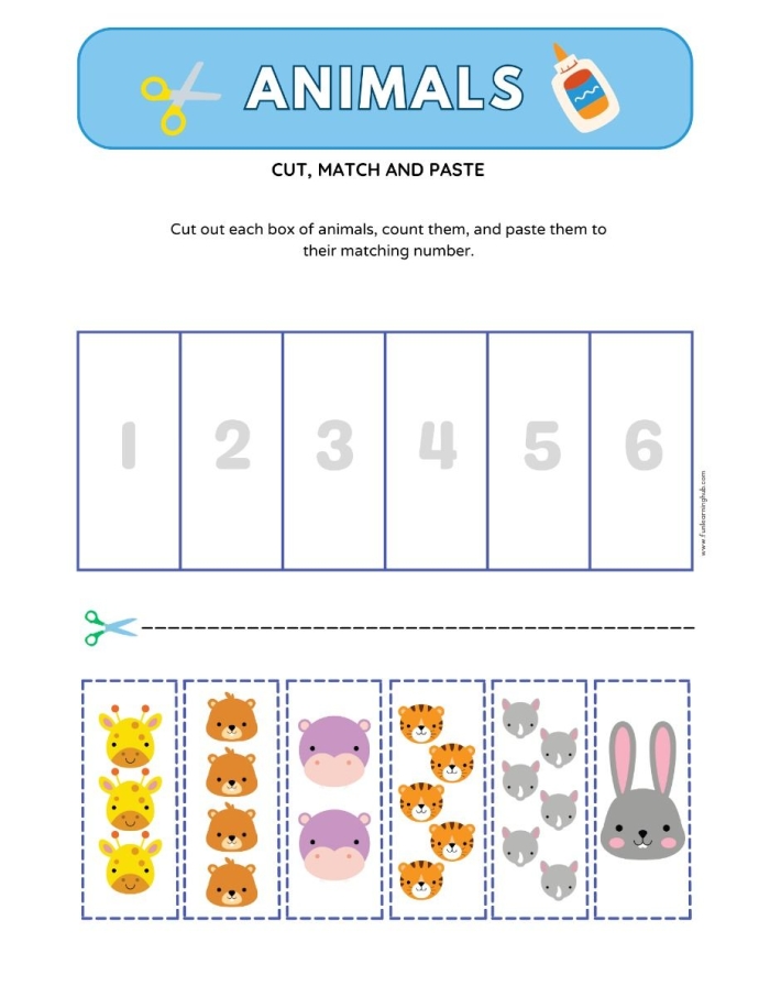 Interactive vocabulary activity for little zookeepers sorting animals by movement type Pre-K animal cut and paste worksheet featuring creatures that fly, swim, or crawl