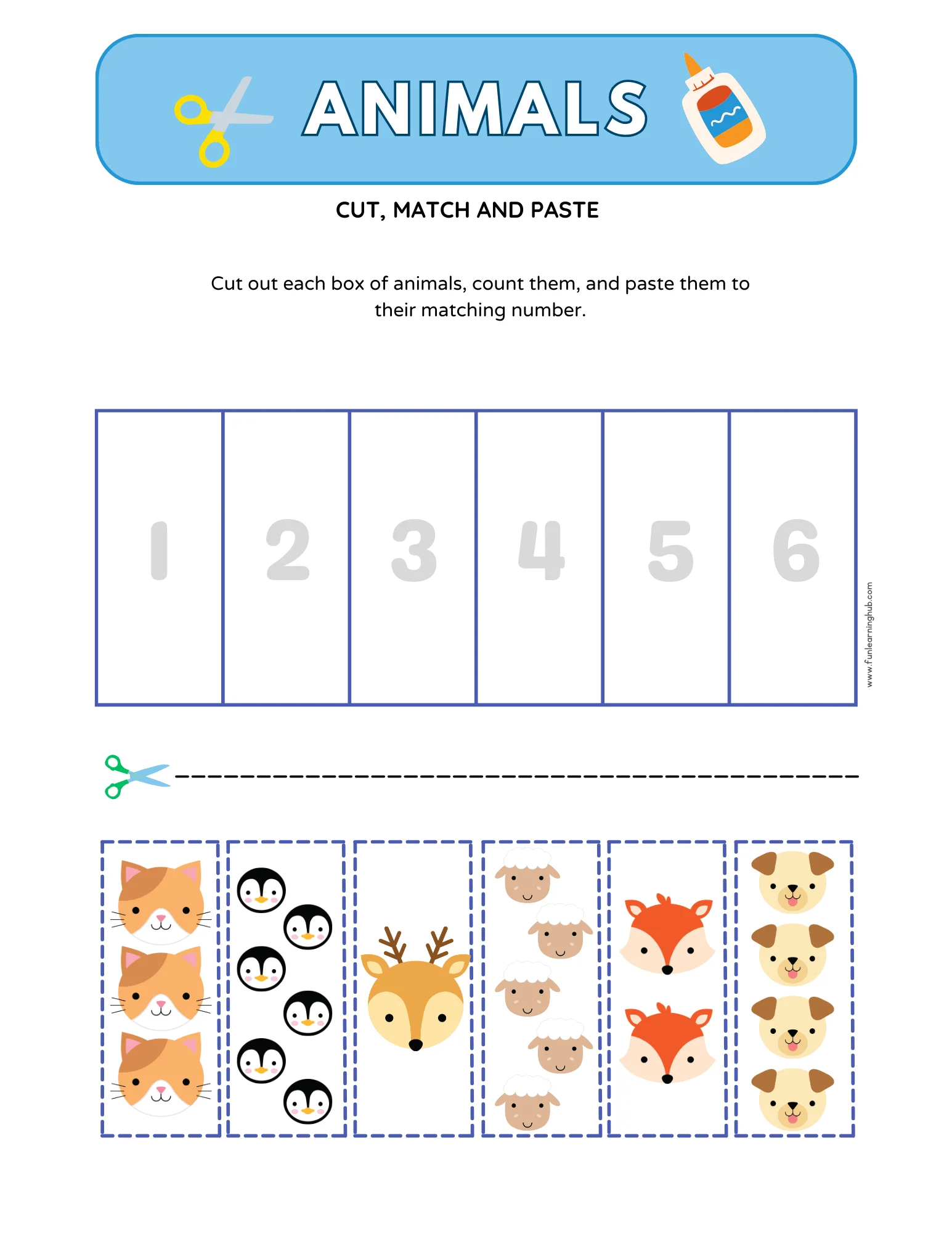 Animal Cut and Paste activity for little learners to match flying, swimming, and crawling animals 24 Pre-K children sorting animals by how they move in Animal Cut and Paste worksheet 24
