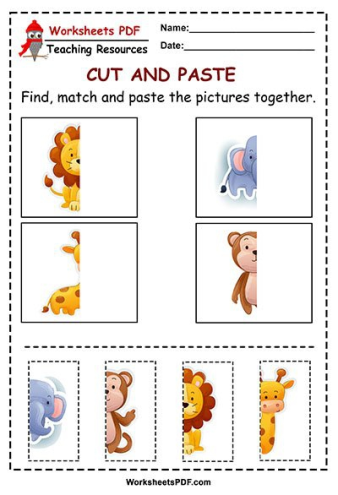 Animal Cut and Paste worksheet for young learners to categorize animals by movement type Pre-K children sorting animals by flying, swimming, or crawling in a cut and paste activity