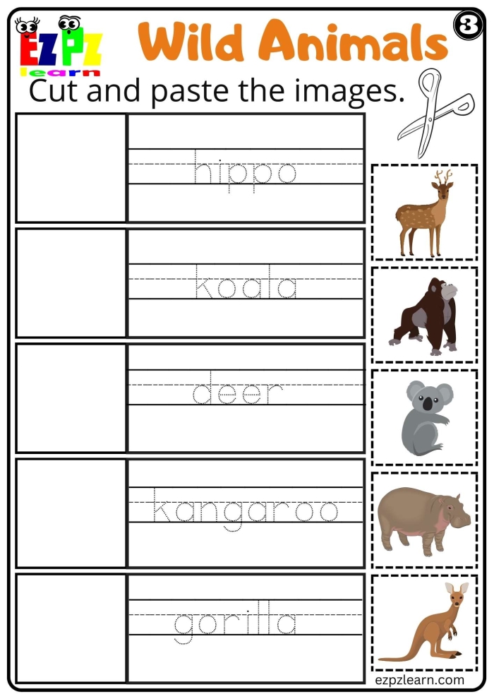 Animal Cut and Paste activity for young learners sorting creatures by habitat and movement Pre-K children sorting animals by flying, swimming, or crawling on a cut and paste worksheet