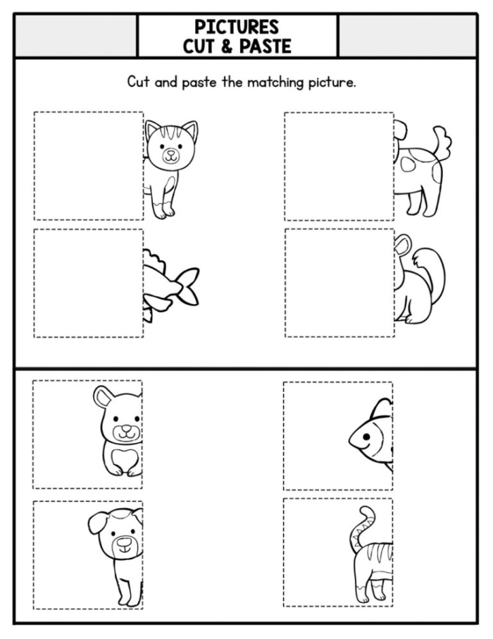 Worksheet 17 for little learners to match animals with their habitats in a fun cut and paste activity Pre-K Animal Cut and Paste worksheet featuring animals to sort by flying, swimming, or crawling