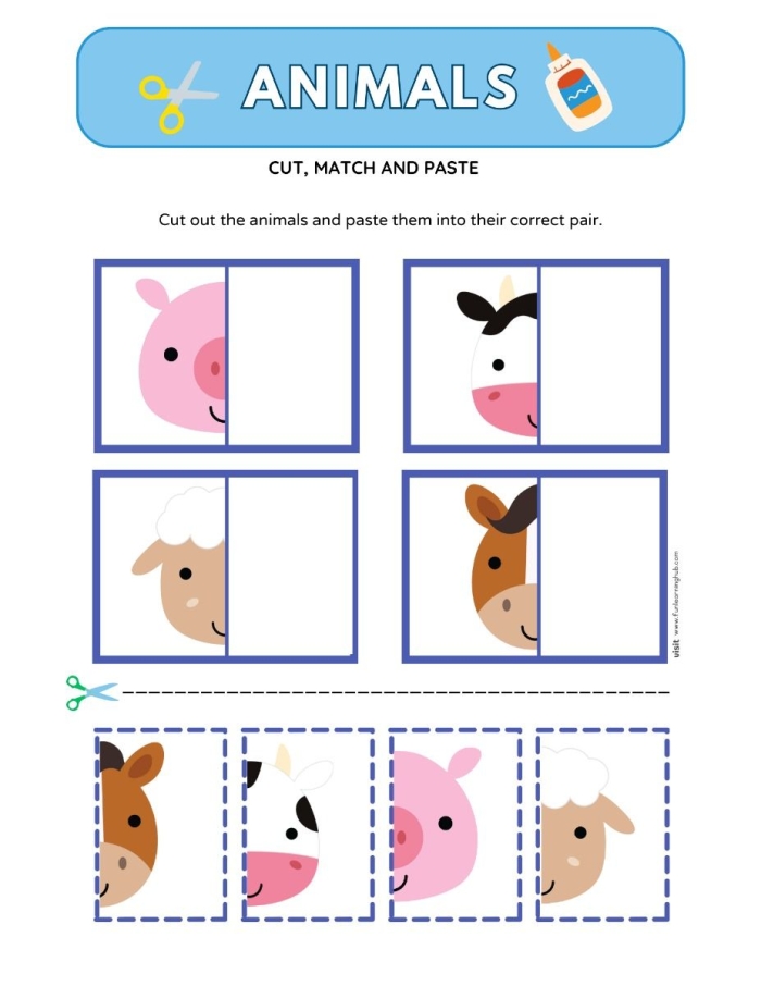 Interactive vocabulary activity for little zookeepers to match animals by how they move Pre-K animal cut and paste worksheet with kids sorting flying, swimming, and crawling animals