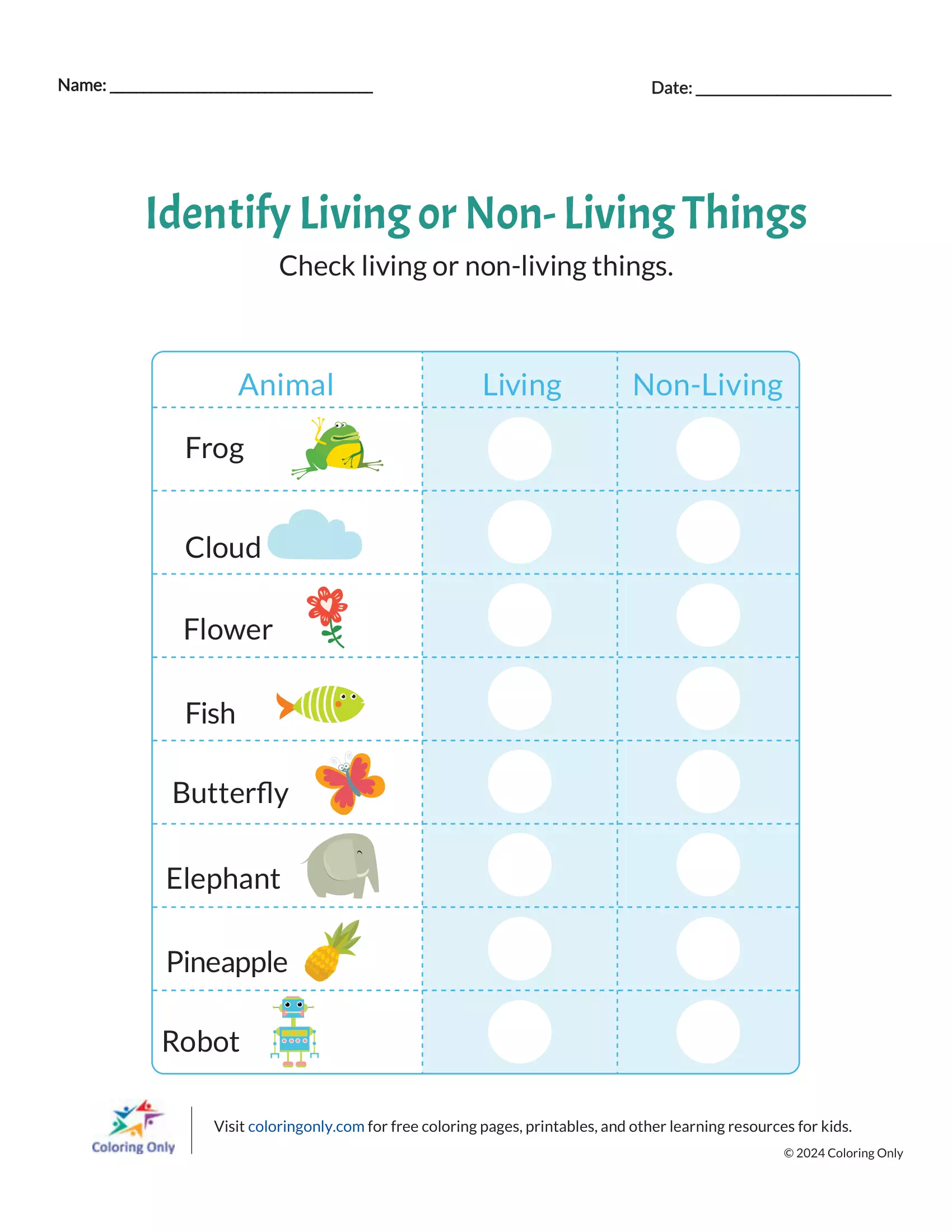 Pre-K worksheet showing examples of living and non-living things for early phonics learning