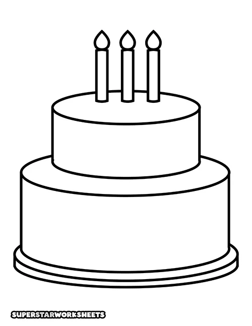 Birthday cake coloring page with balloons, candles, and a birthday greeting for Pre-K grammar practice
