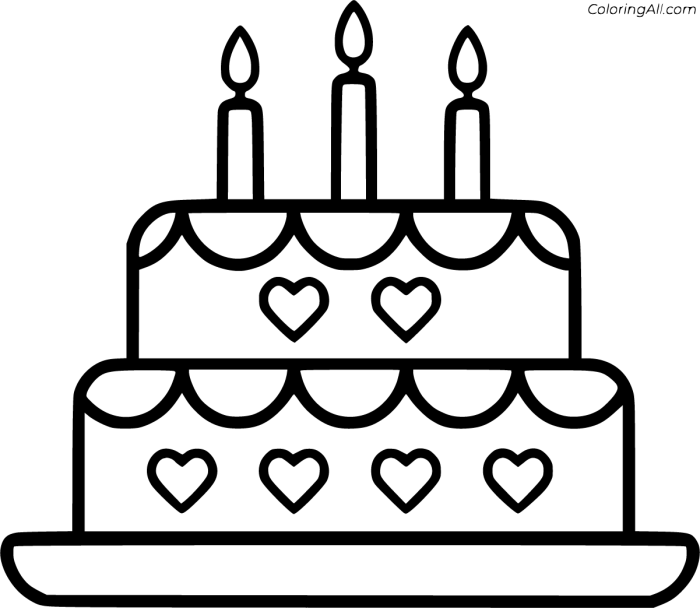 Birthday cake coloring page with candles, balloons, and a festive birthday greeting for Pre-K learners