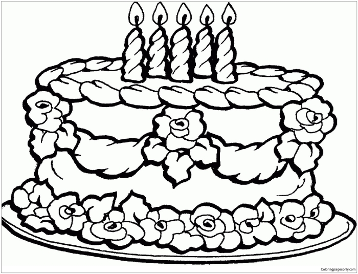 Birthday cake coloring page with candles, balloons, and a birthday greeting for Pre-K grammar practice