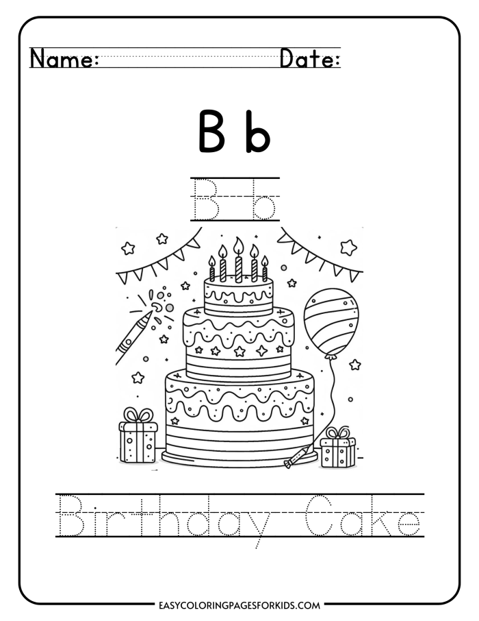 Birthday cake coloring page with candles, balloons, and a festive birthday greeting for Pre-K learners