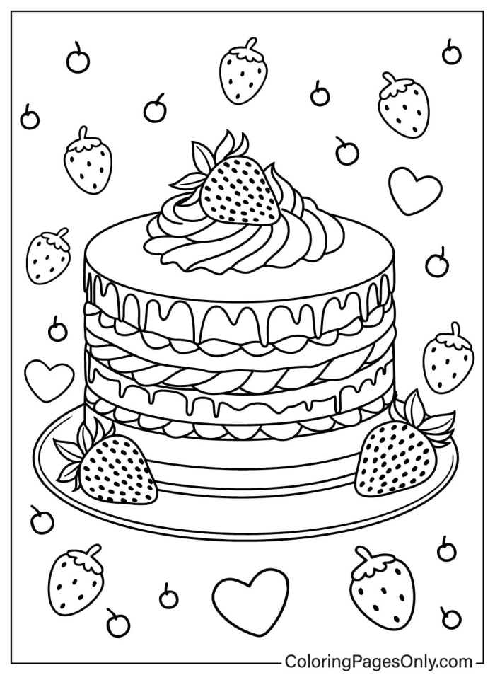 Birthday cake coloring page with candles, balloons, and a birthday greeting for Pre-K learners