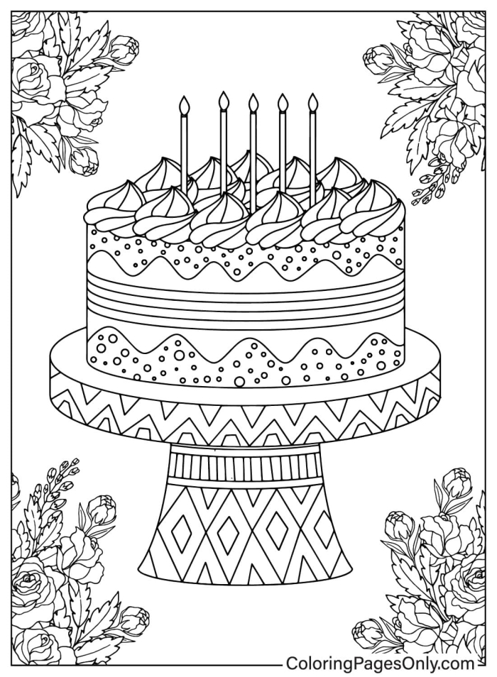 Birthday cake coloring page with candles, balloons, and a birthday greeting for Pre-K grammar and mechanics