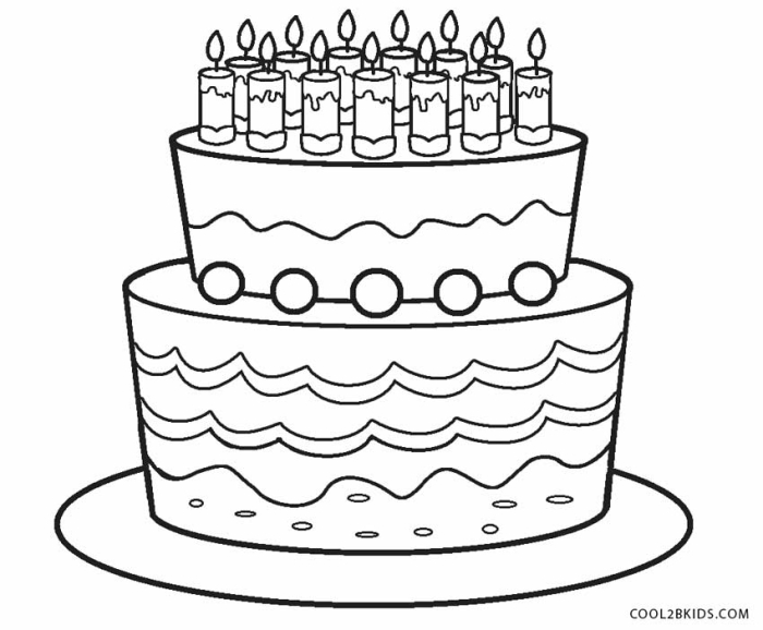 Birthday cake coloring page with candles, balloons, and a birthday greeting for Pre-K grammar practice