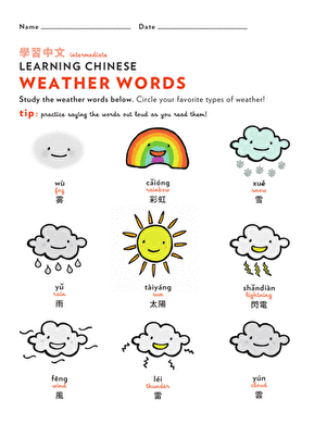 Worksheet for young learners to explore basic Chinese weather terms, image six Pre-K children practicing Chinese weather vocabulary on a colorful worksheet