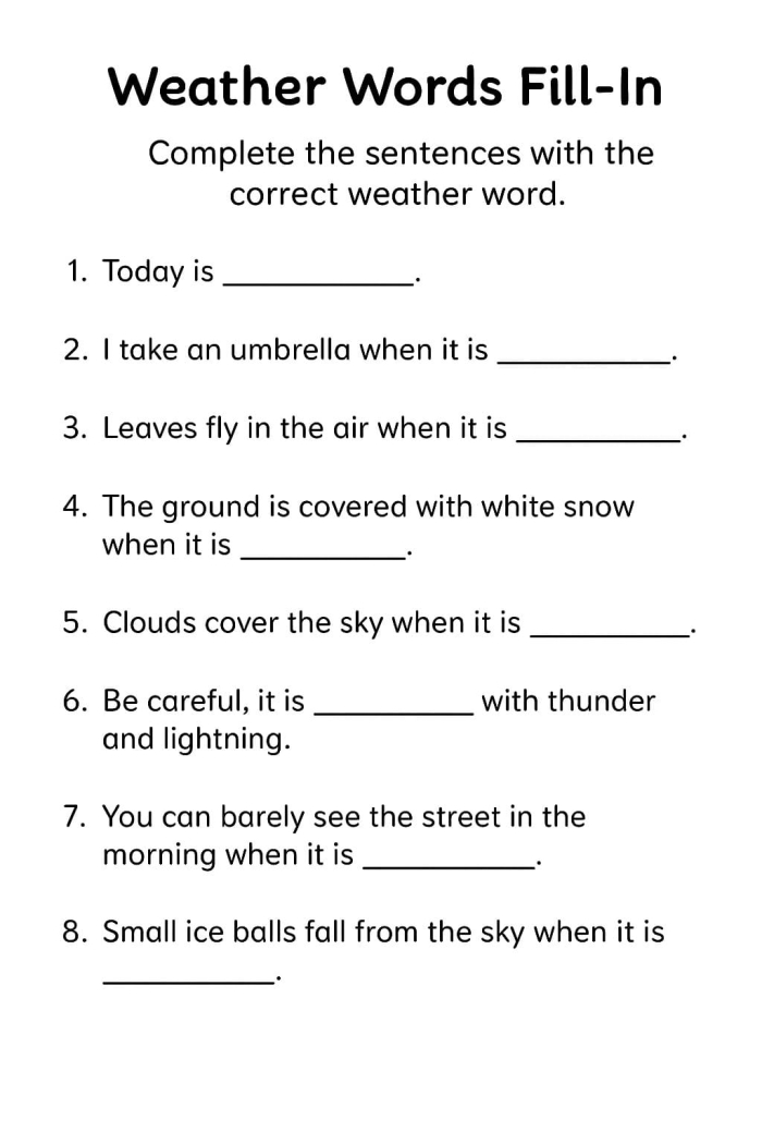 Worksheet for learning basic Chinese weather terms in a fun activity for young learners Pre-K children practicing Chinese weather vocabulary on a colorful worksheet