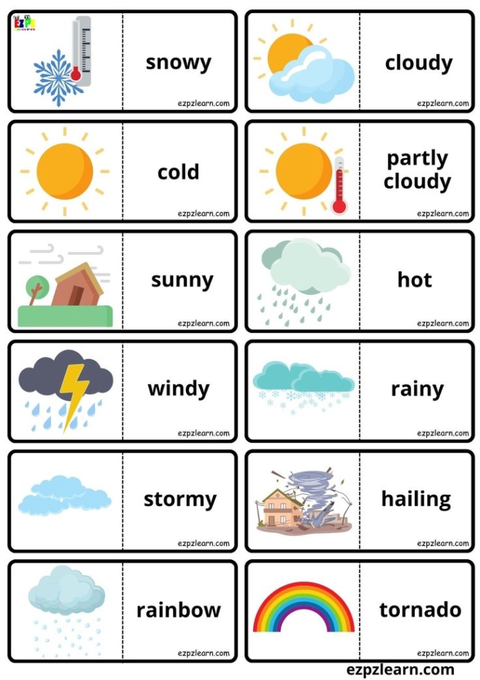 Worksheet 21 for early learners featuring Chinese words about weather conditions Pre-K children practicing Chinese weather vocabulary on worksheet 21