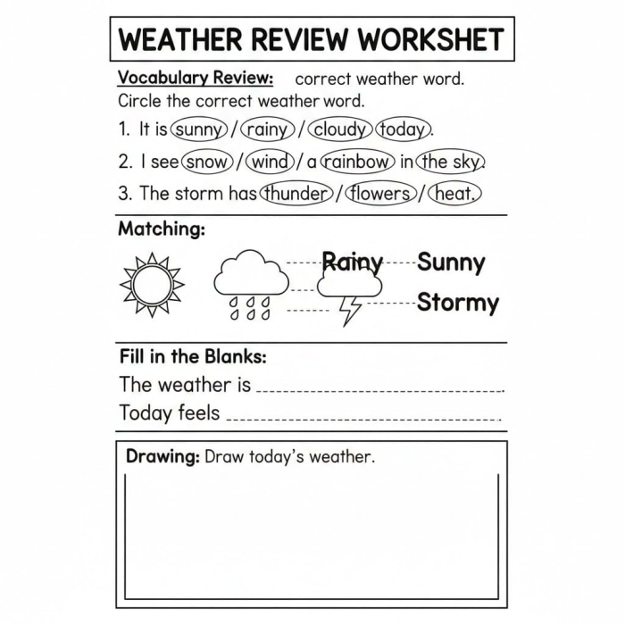 Introductory Chinese weather words activity for young learners on worksheet 25 Pre-K children practicing Chinese weather vocabulary with a colorful worksheet