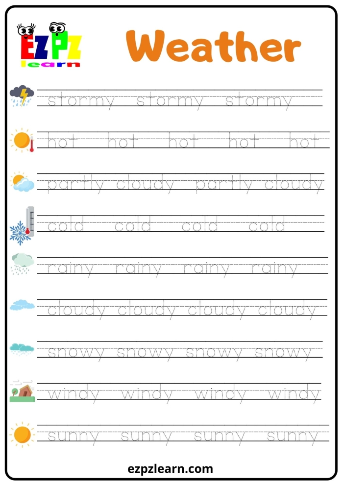 Worksheet 14 for learning basic Chinese weather terms in a fun reading activity Pre-K children practicing Chinese weather vocabulary on a colorful worksheet