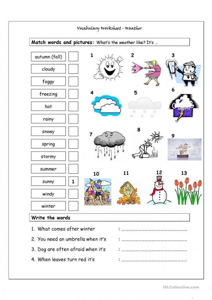 Worksheet 19 for learning basic Chinese weather terms in a fun reading activity Pre-K children practicing Chinese weather vocabulary on worksheet number 19