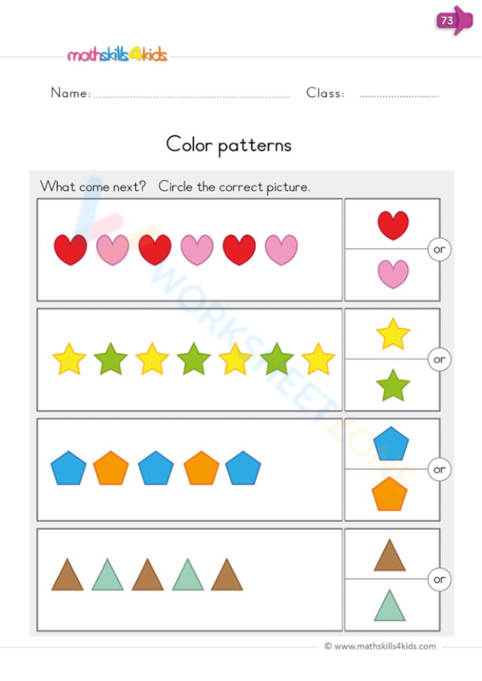 Creative Color Patterns worksheet for young learners in first grade math practice Pre-K children working on a color pattern activity in a physical science worksheet